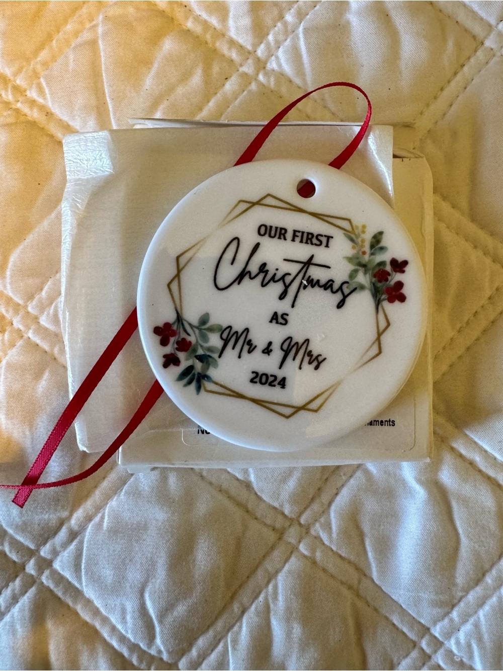 White Ceramic "Our First Christmas as Mr & Mrs 2024" Ornament w/ Red Ribbon